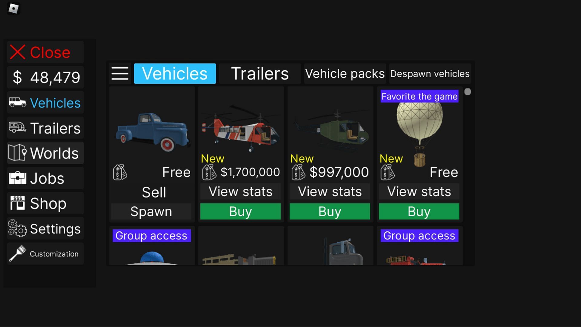 The in-game shop in Off-Roading Epic (Image via Roblox)