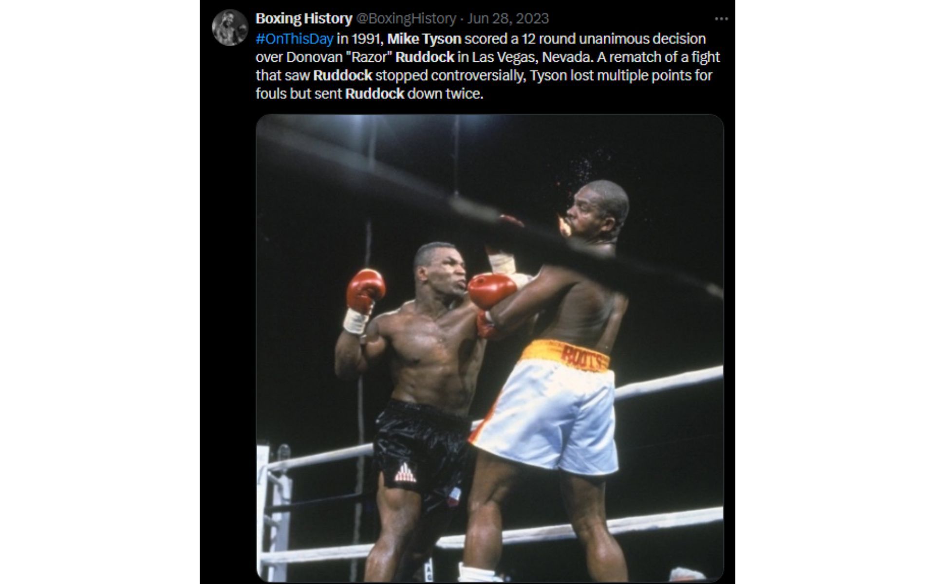 Tweet regarding Tyson&#039;s win over Ruddock [Image courtesy: @BoxingHistory - X]