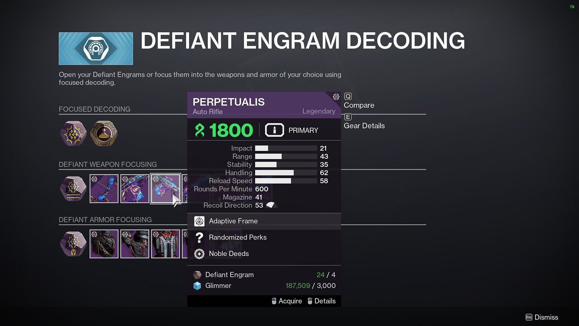 Defiant weapon decoding page in Destiny 2 (Image via Bungie)