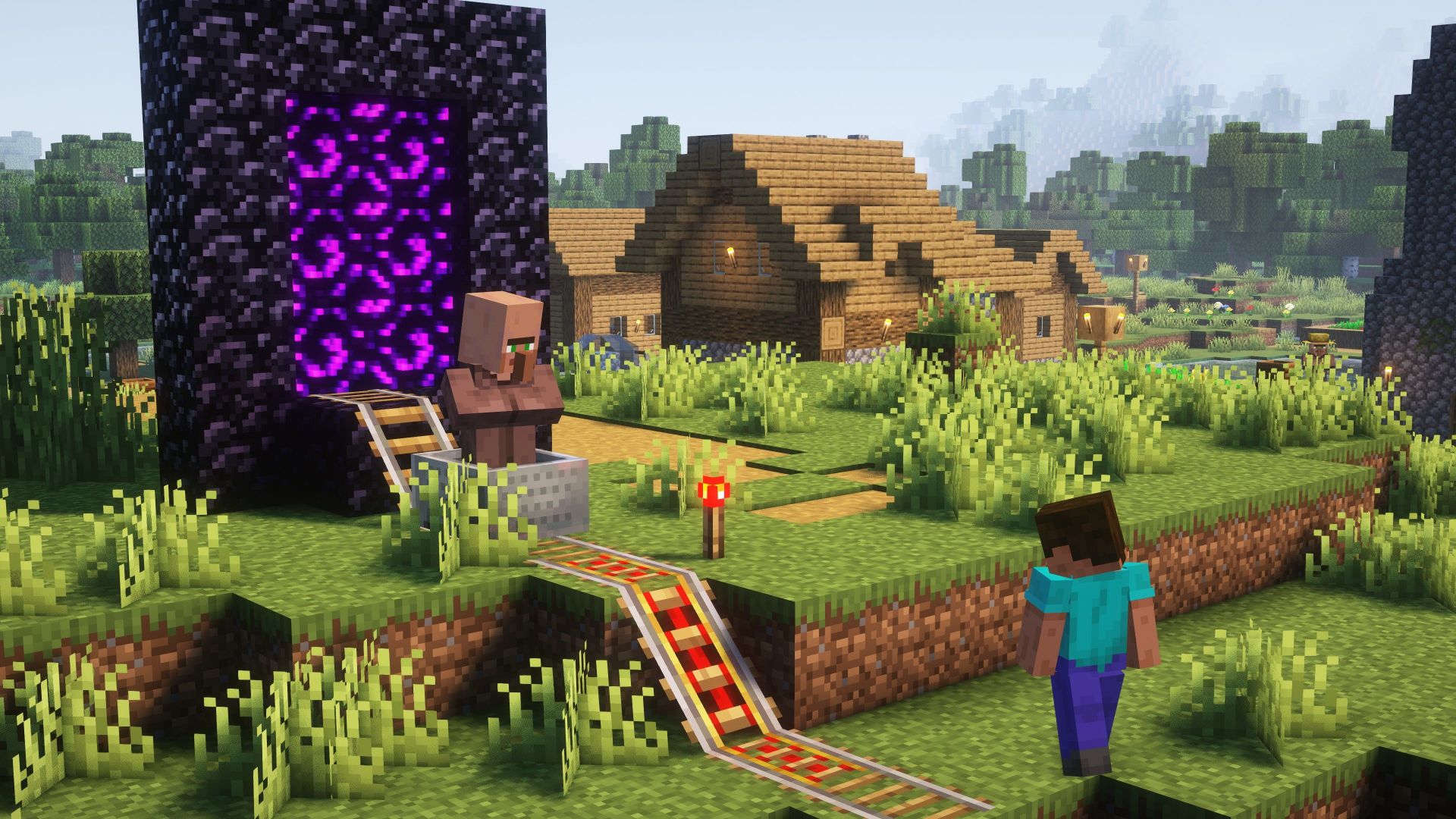 A player sends a villager through a Nether portal. (Image via Mojang)