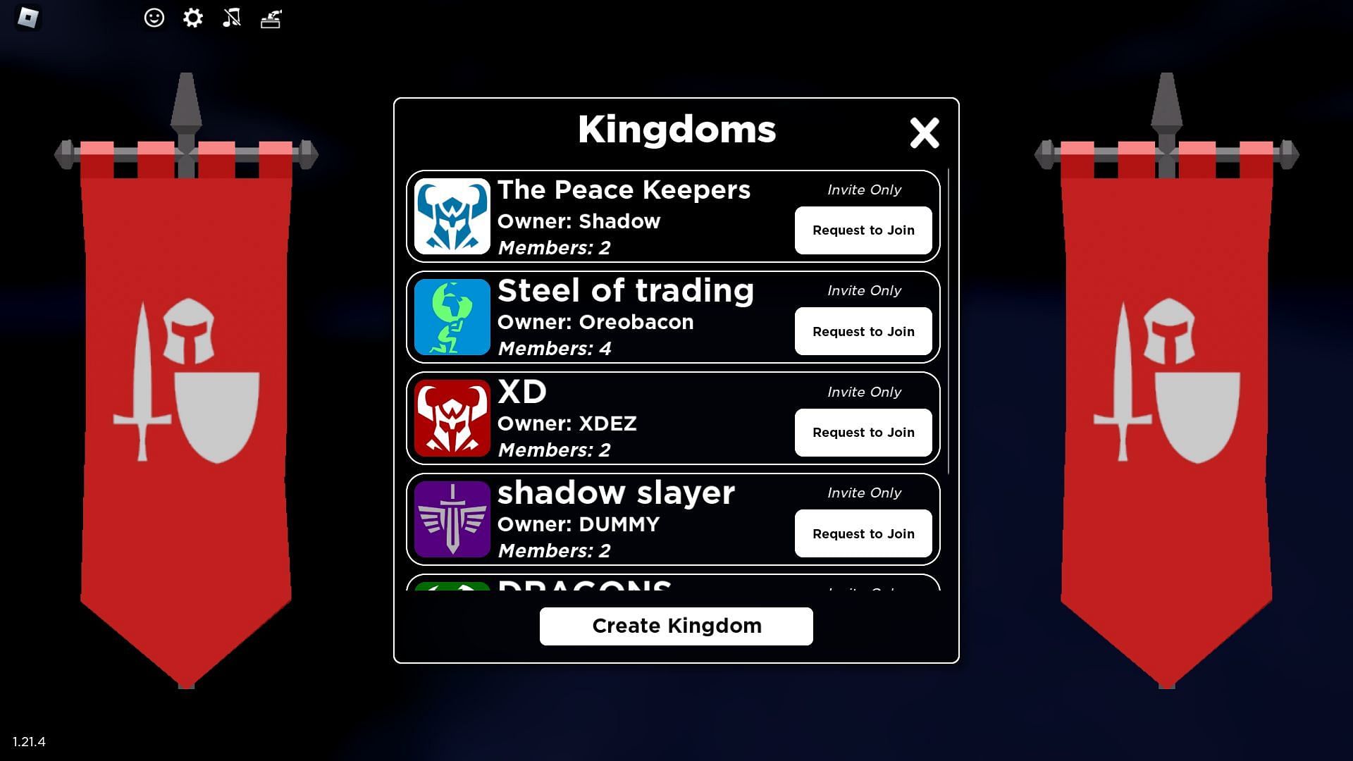 The in-game Kingdom menu (Image via Roblox)