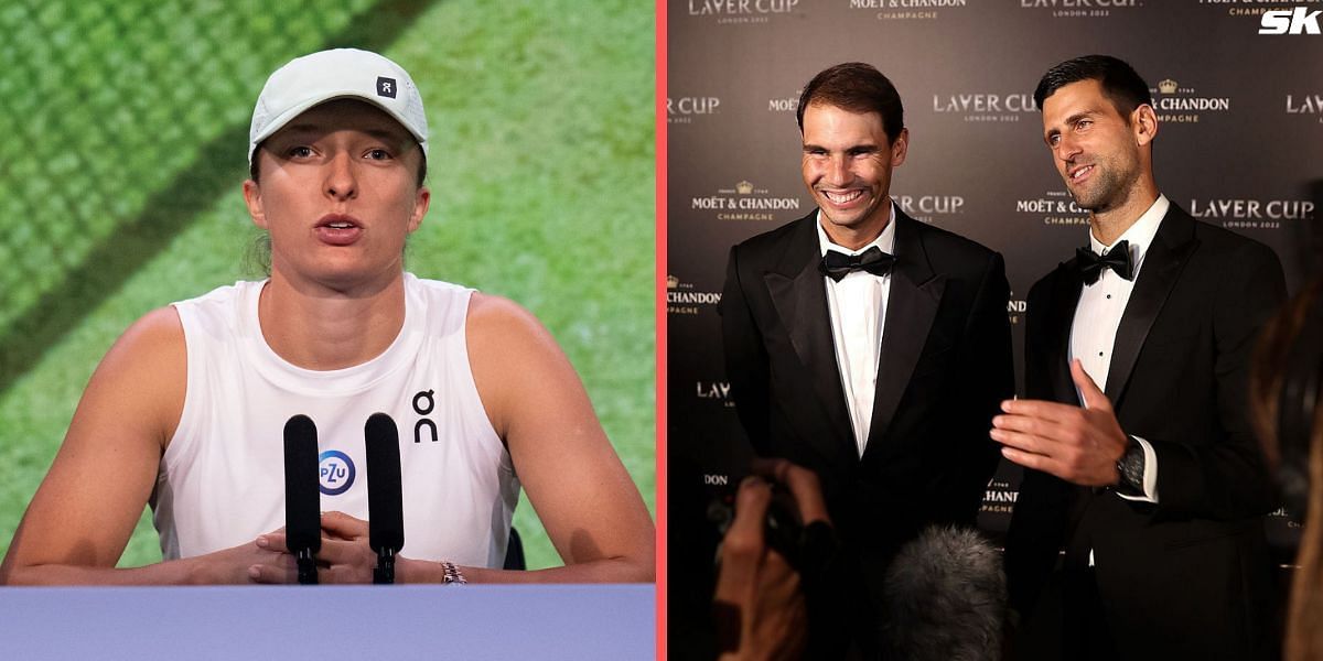 Iga Swiatek (L) and Rafael Nadal &amp; Novak Djokovic (R)