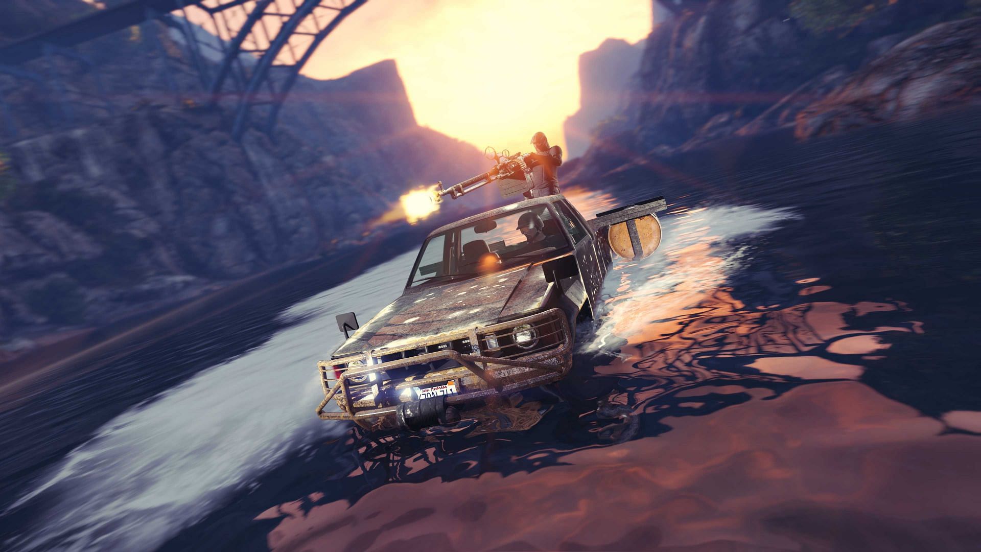 The Technical Aqua traversing a river in Blaine County (Image via Rockstar Games)