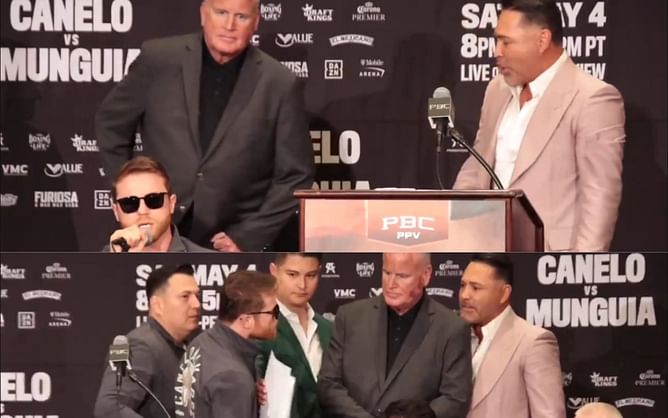 Canelo Alvarez charges towards Oscar De La Hoya during heated press conference, gets stopped by security [VIDEO]