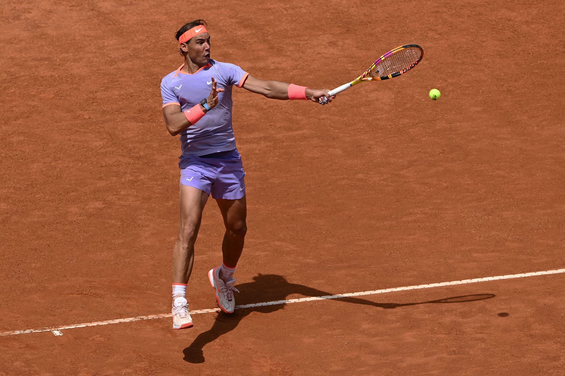 Rafael Nadal hits a forehand at the 2024 Italian Open