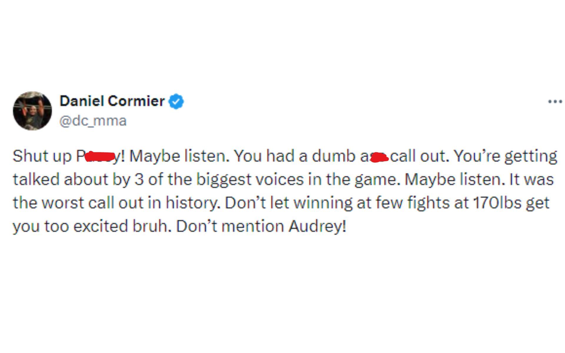 Cormier&#039;s tweet responding to Buckley [Image courtesy: @dc_mma - X]