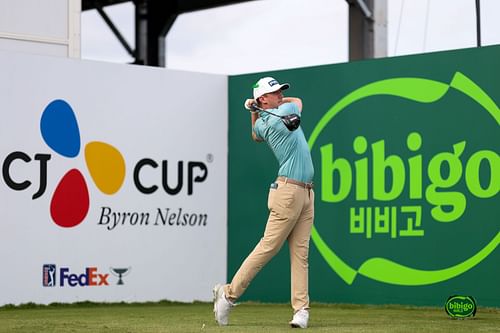 Mackenzie Hughes hits a tee shot on the 18th hole during the second round of The CJ Cup Byron Nelson