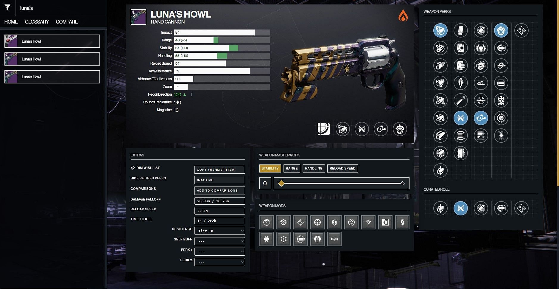 Luna&#039;s Howl PvE god roll (Image via D2Gunsmith)