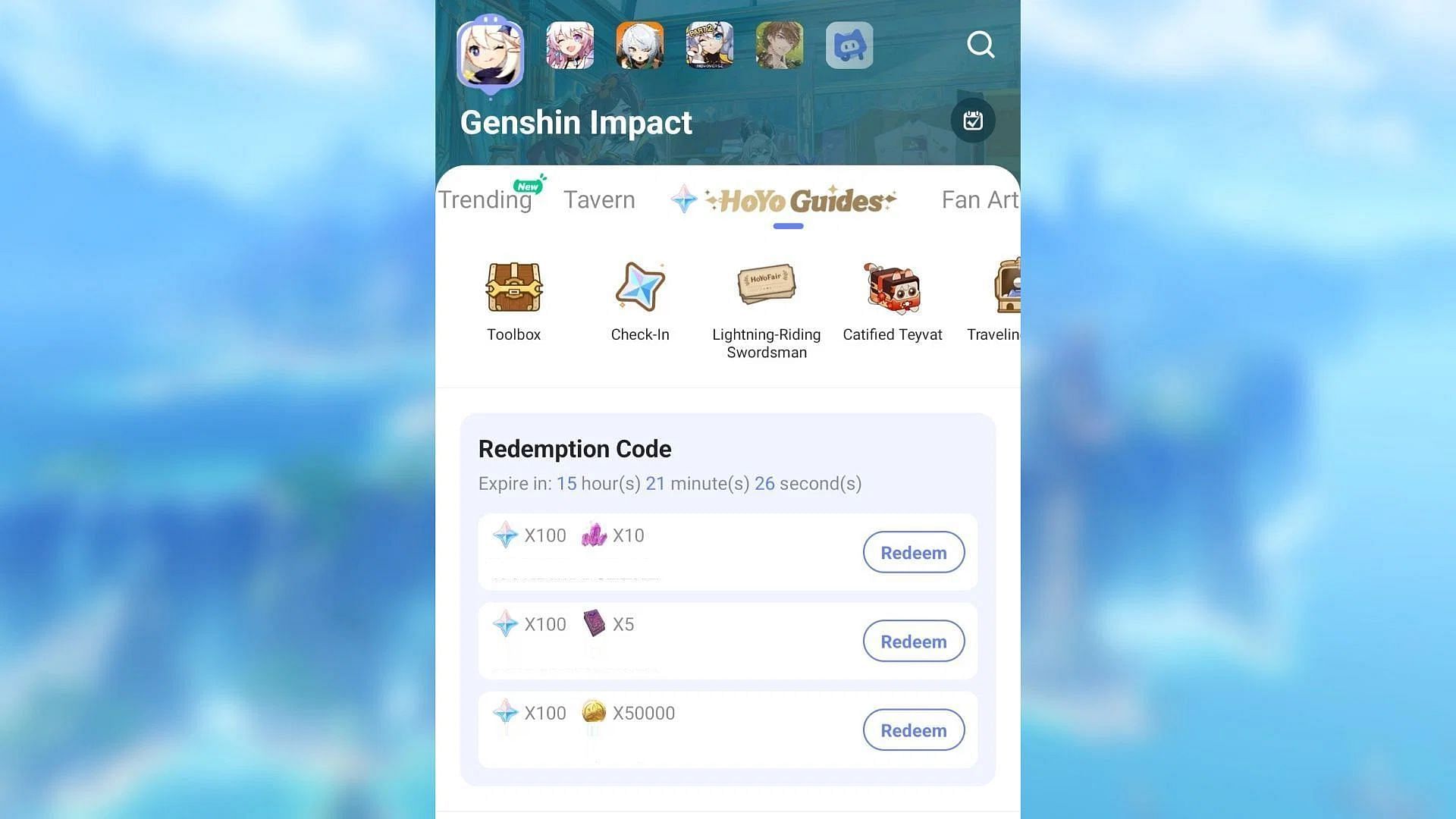 One-click redeem code on HoYoLAB (Image via HoYoverse)