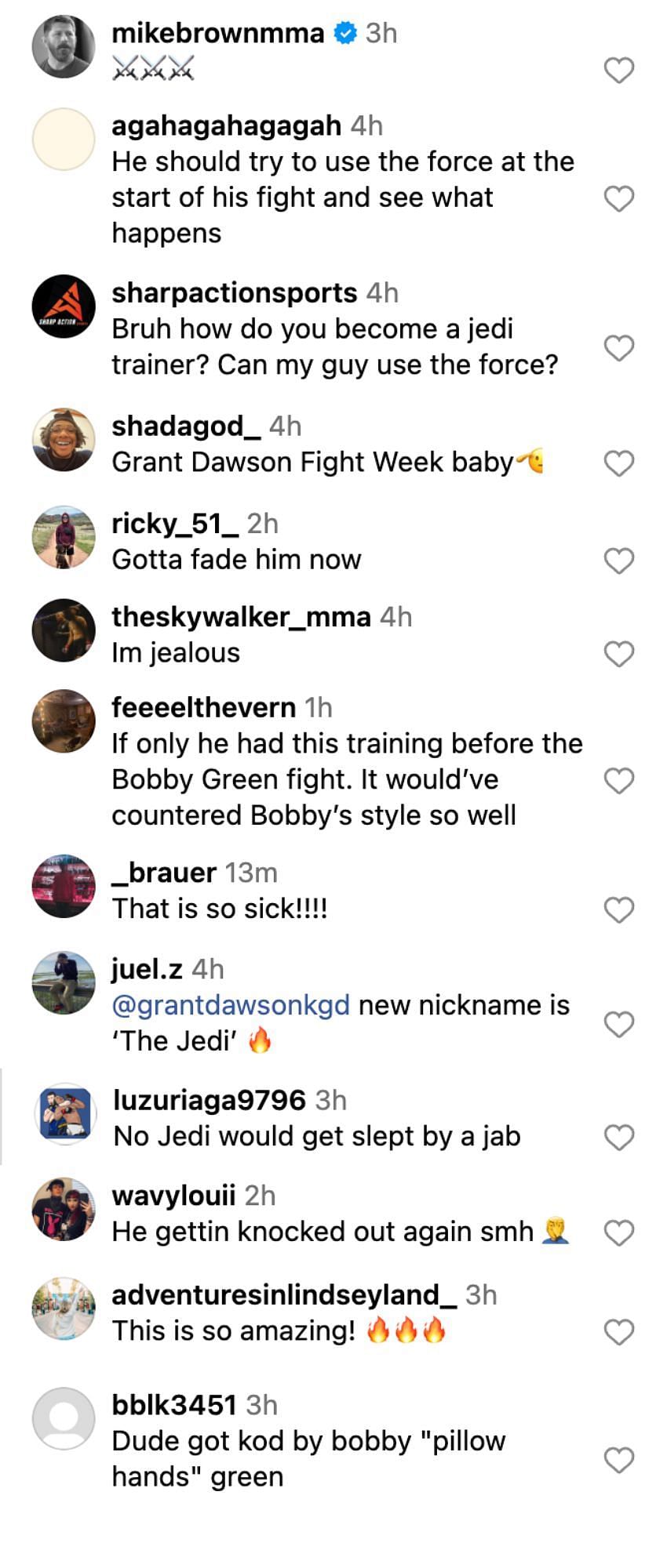 Fans reacting to Grant Dawson training as a Jedi [via @espnmma on Instagram]