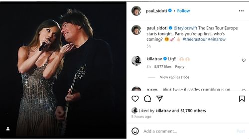 Travis Kelce comments on Taylor Swift's guitarist Paul Sidoti's post (From: @paul_sidoti)