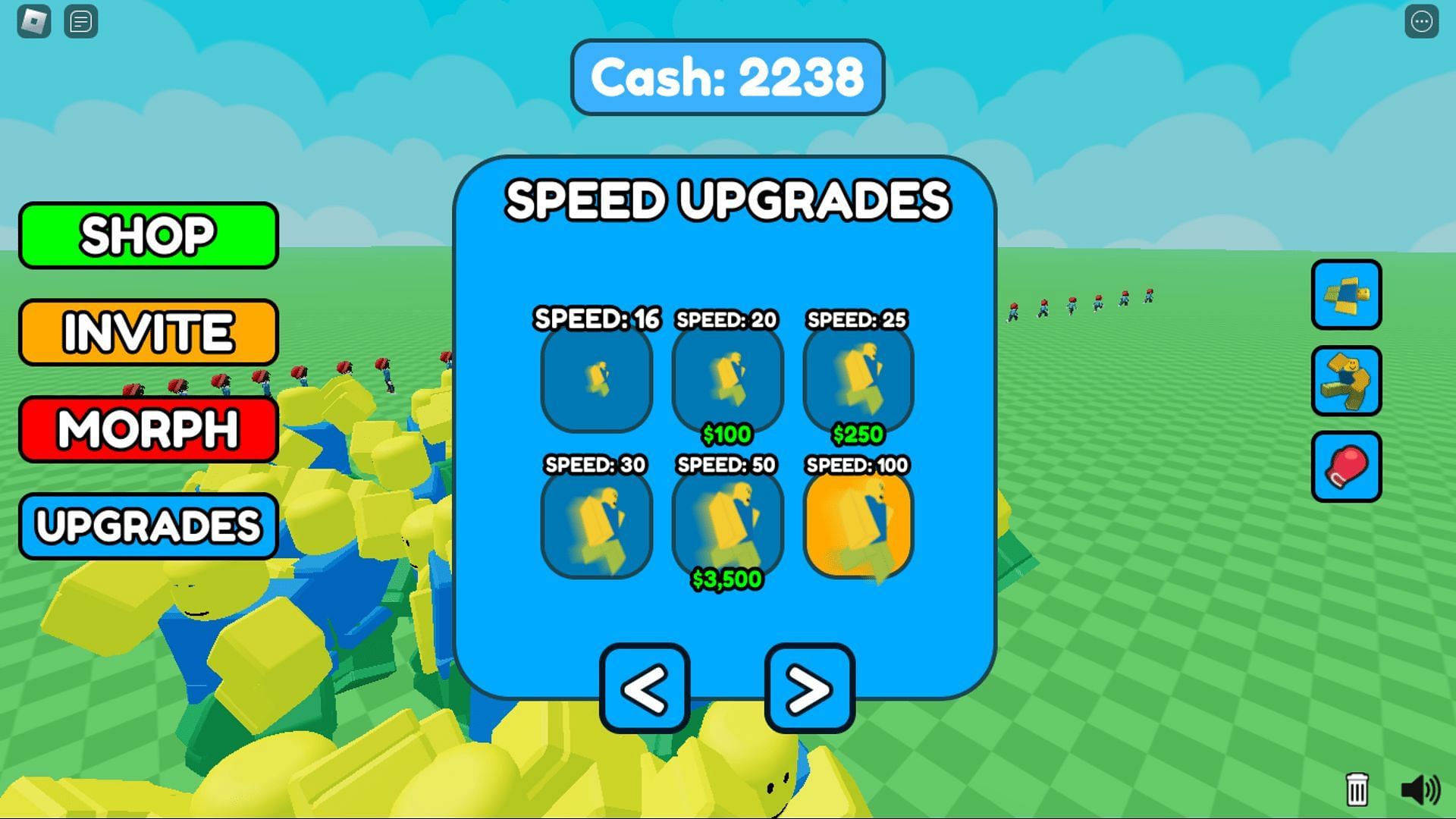 The upgrades menu in Clone Playground (Image via Roblox)