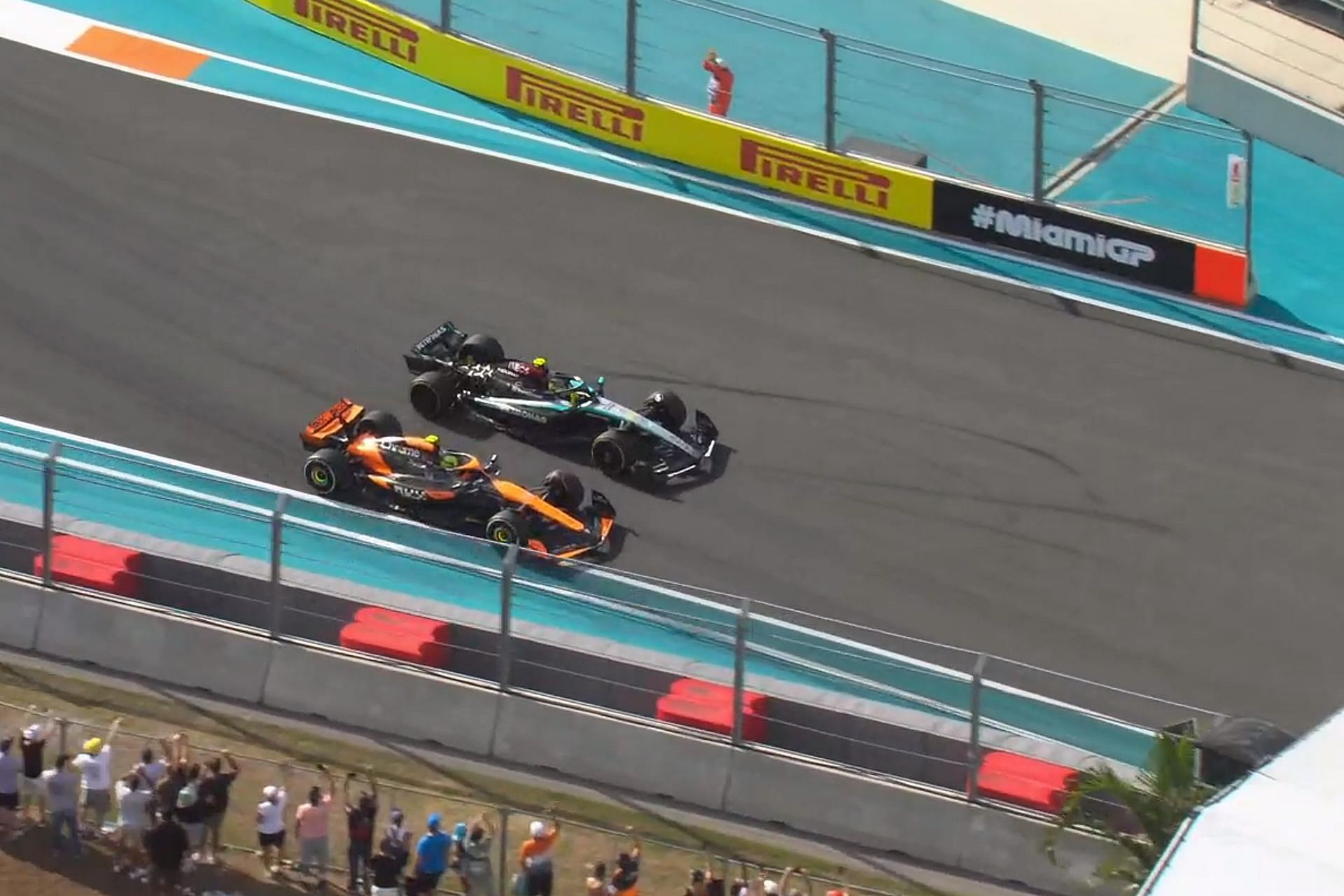 Lewis Hamilton congratulating Lando Norris for winning the 2024 F1 Miami Grand Prix (Image via F1TV)