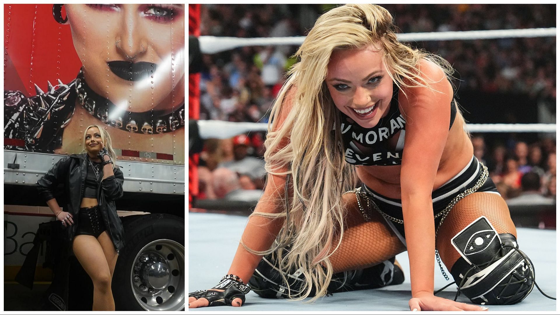 Liv Morgan next to a WWE production truck, Morgan on WWE RAW