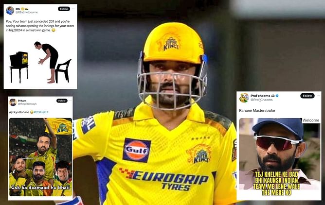 "CSK ka daamaad hu bhaii" - Fans react as Ajinkya Rahane gets dismissed cheaply in IPL 2024 clash vs GT