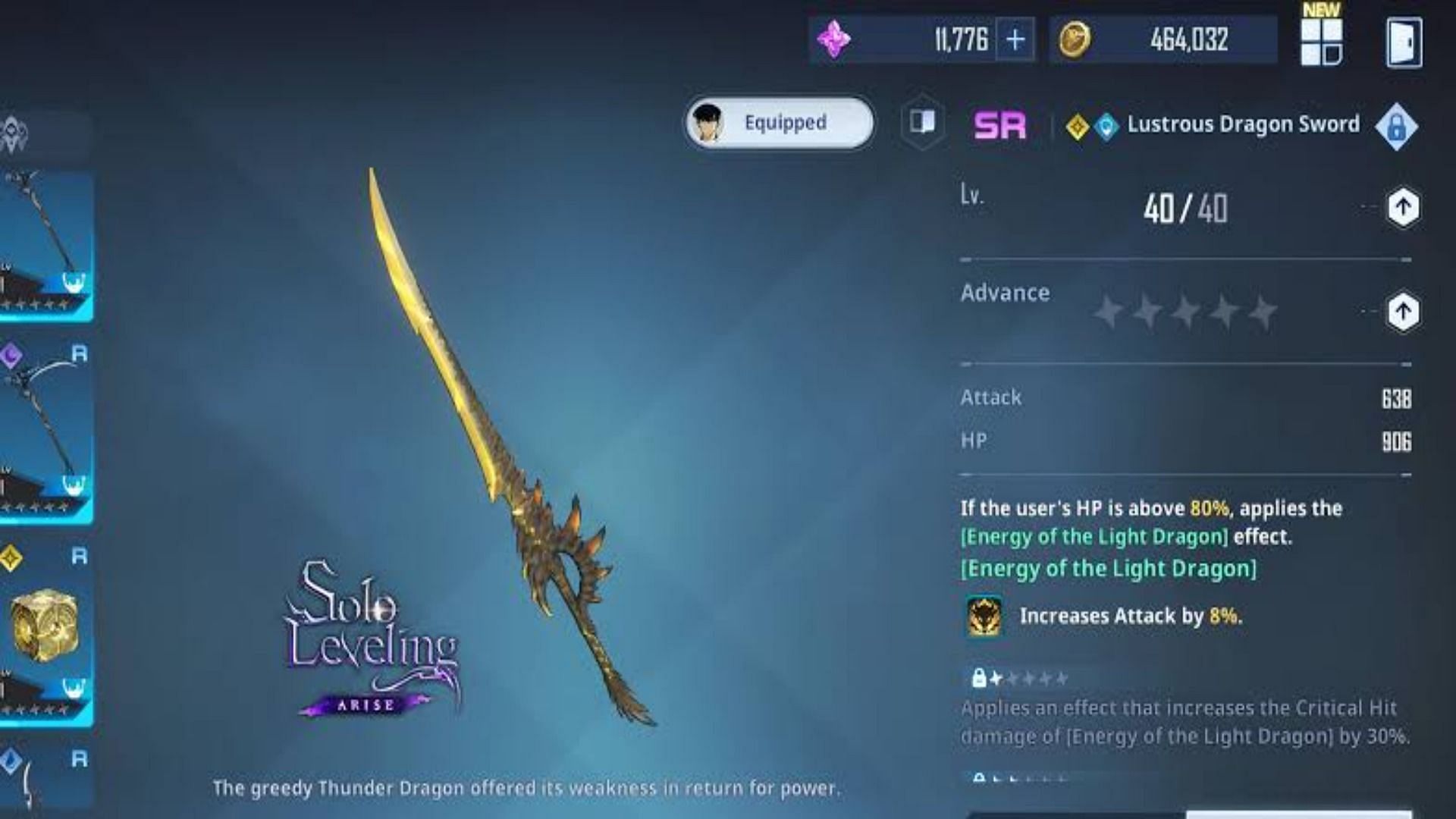 Equip Lustrous Dragon Sword to get through the initial levels in Solo Leveling Arise (Image via Netmarble)