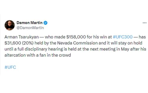 Martin's tweet regarding 20-percent of Tsarukyan's purse being withheld [Image courtesy: @DamonMartin - X]