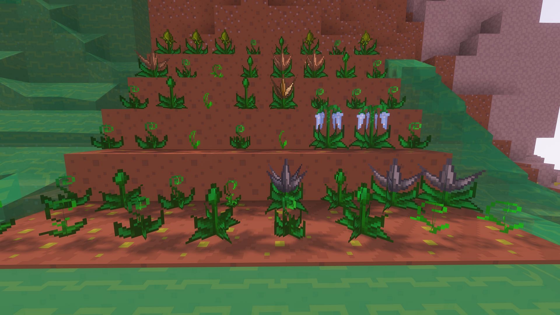 Different resource crops found in the Mystical Agriculture mod (Image via Mojang Studios)
