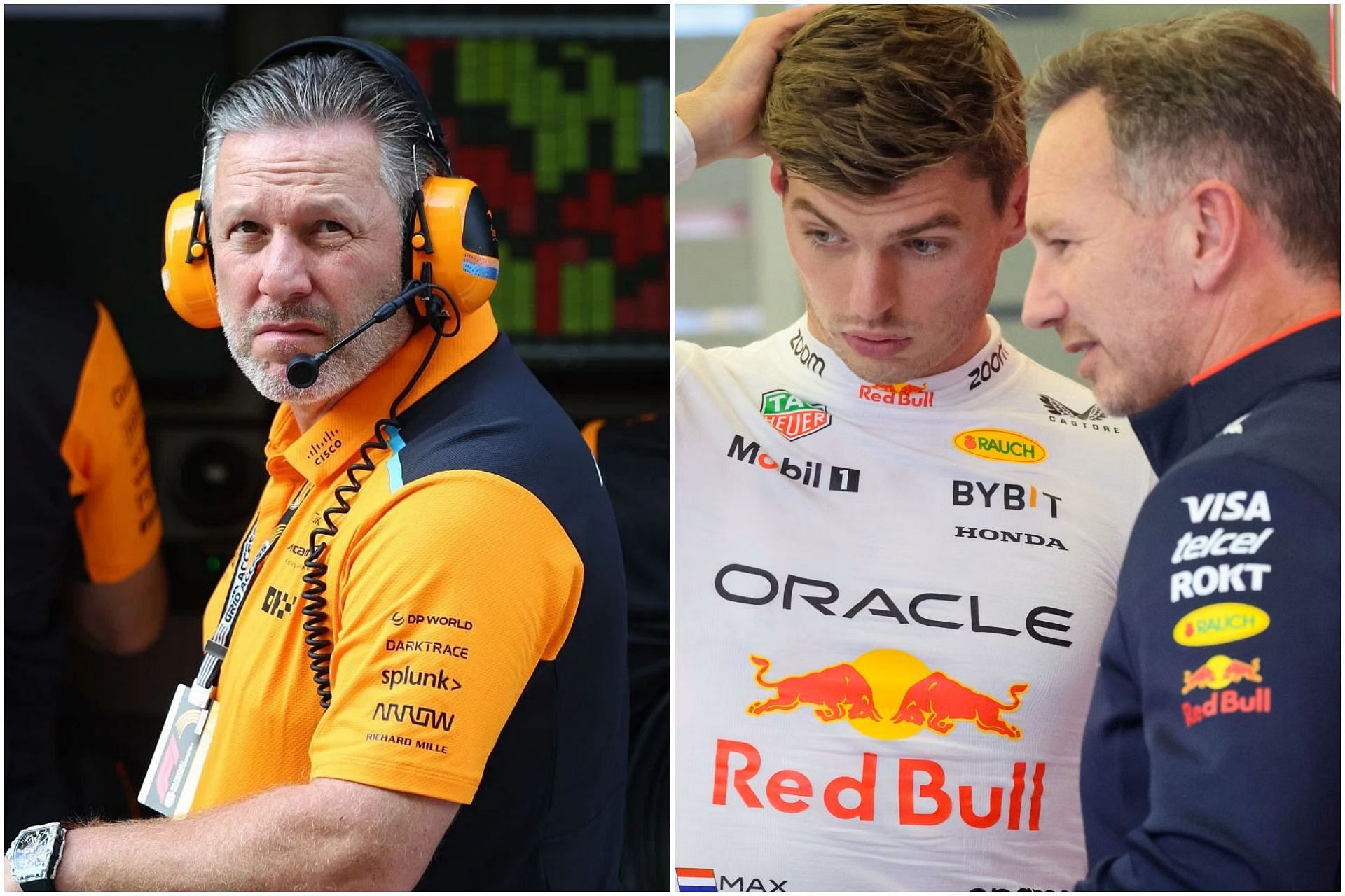 Zak Brown (L), Max Verstappen (C), and Christian Horner (R) (Collage via Sportskeeda)