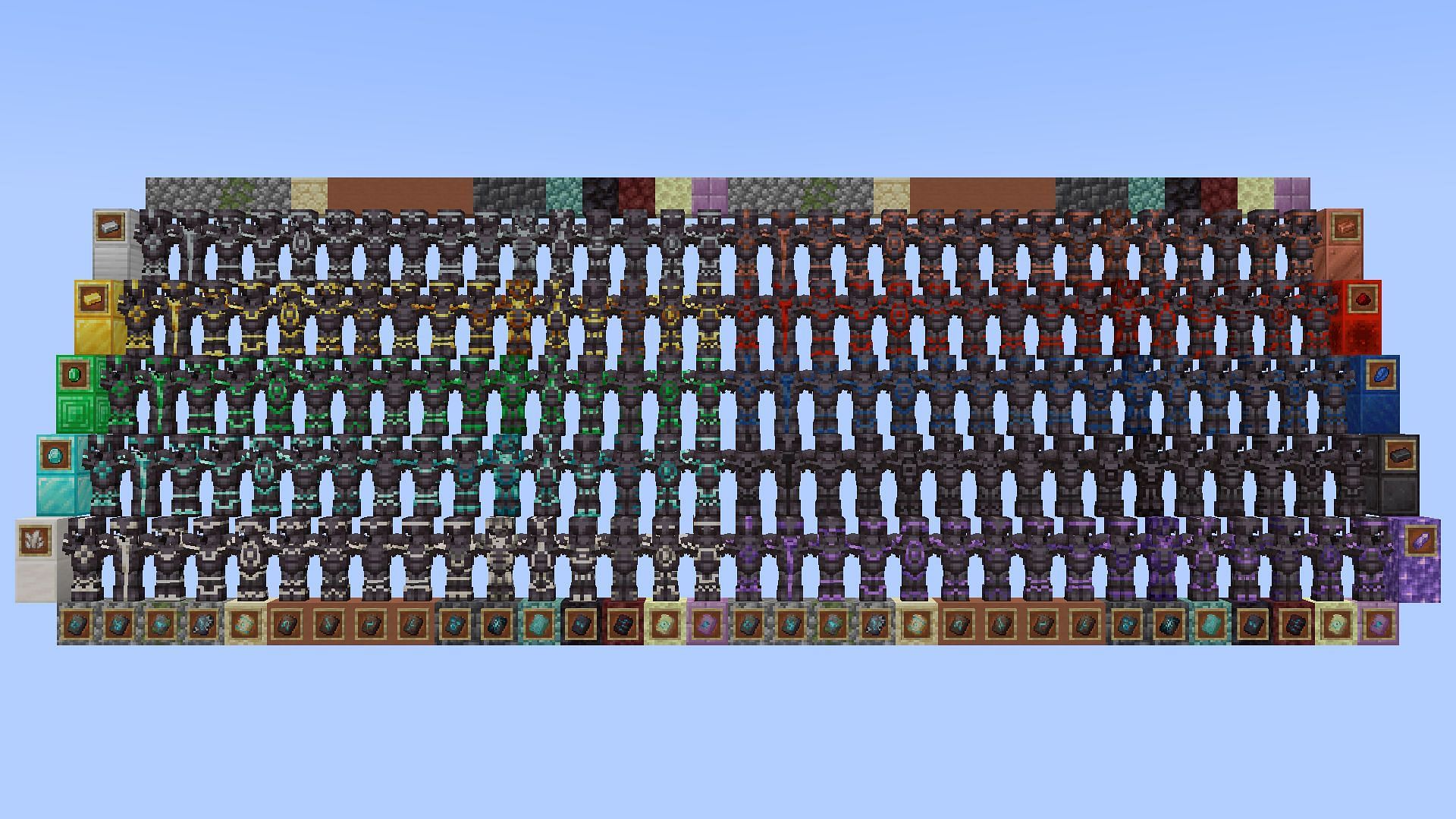 Armor trim materials displayed on netherite armor using different patterns (Image via Mojang Studios)