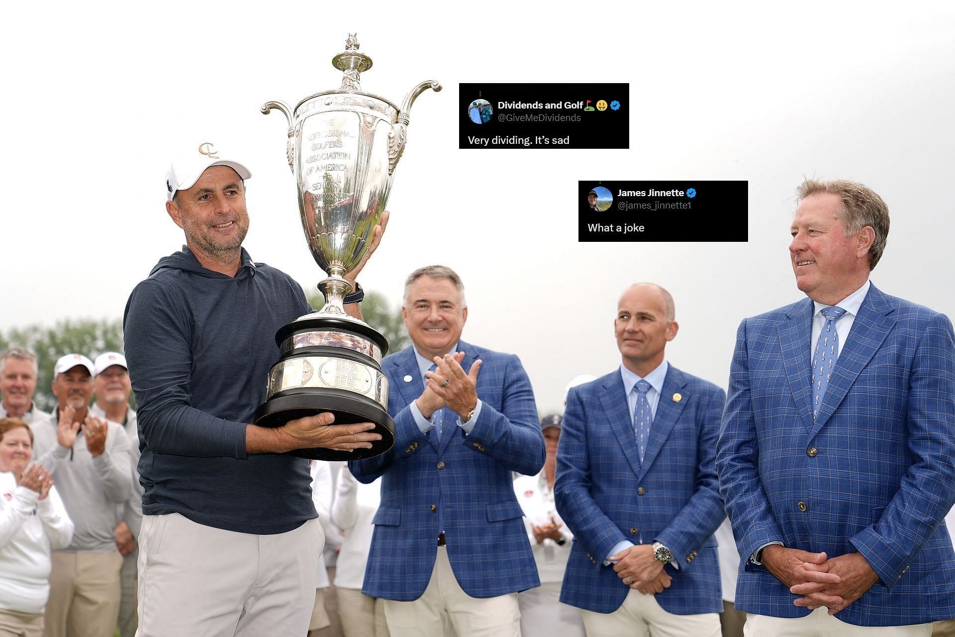 Richard Bland poses with the trophy after winning the Senior PGA Championship