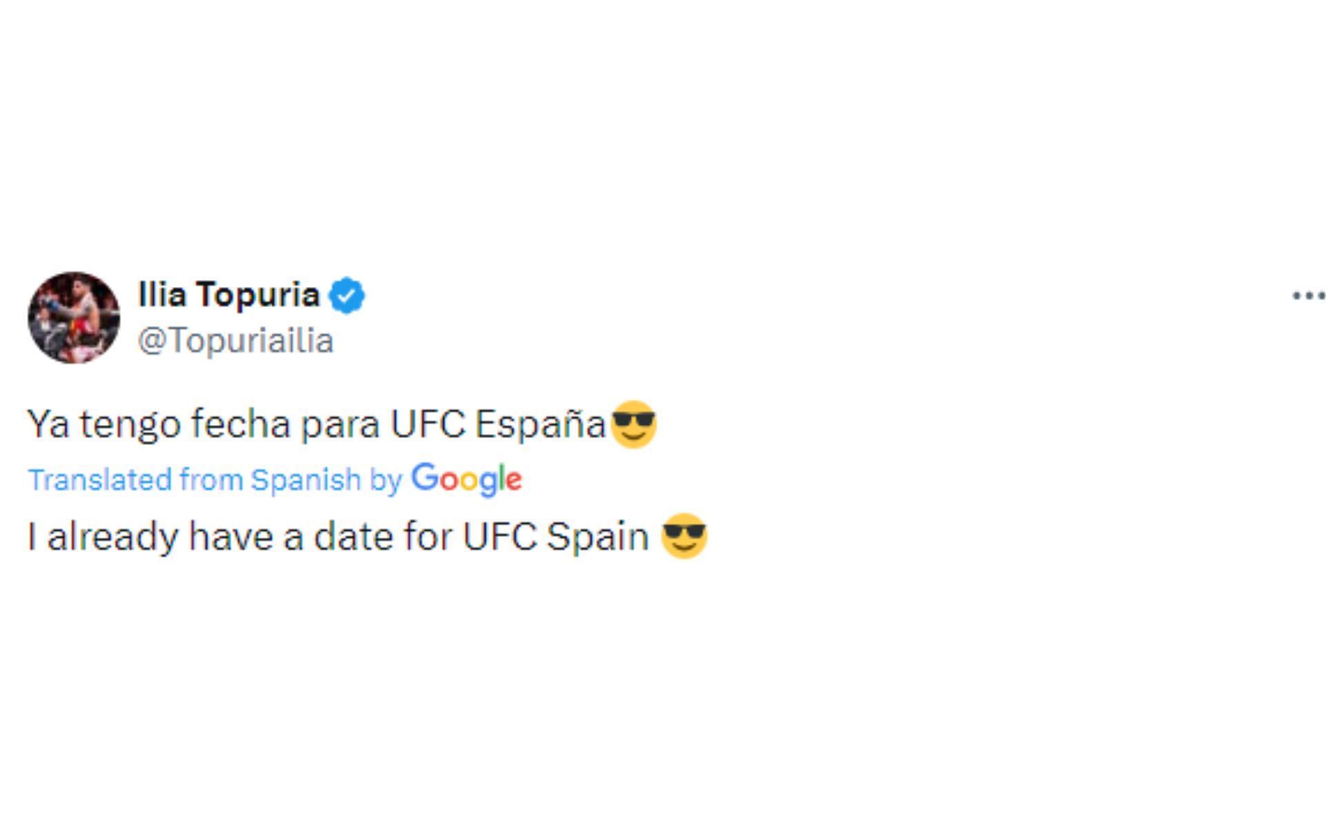 Topuria&#039;s tweet regarding UFC Spain [Image courtesy: @Topuriailia - X]