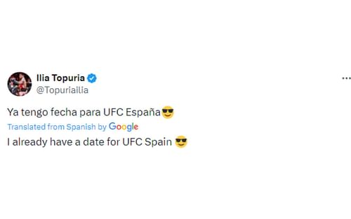 Topuria's tweet regarding UFC Spain [Image courtesy: @Topuriailia - X]