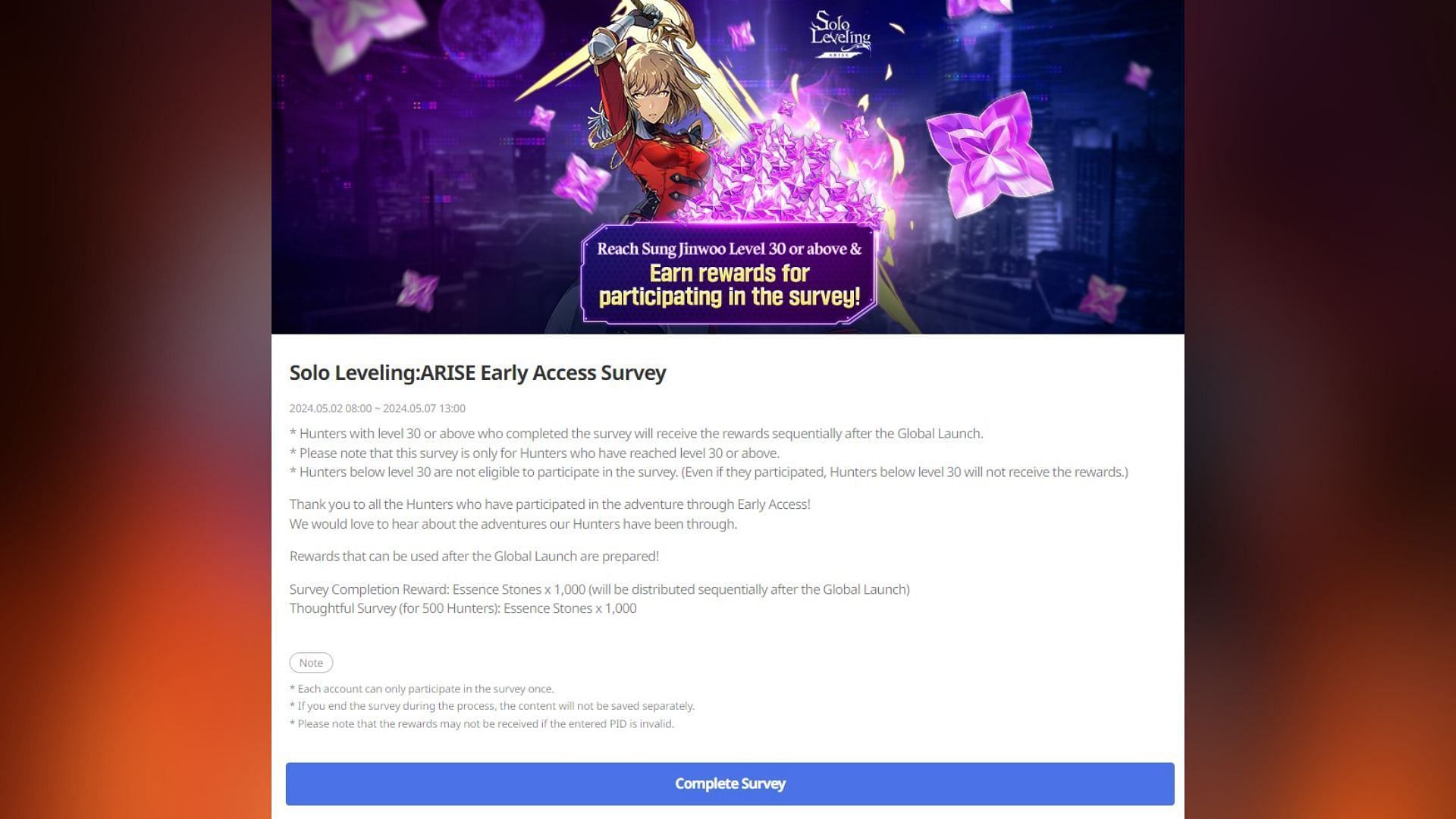 The Solo Leveling Arise early access survey will be available till May 7, 2024 (Image via Netmarble)