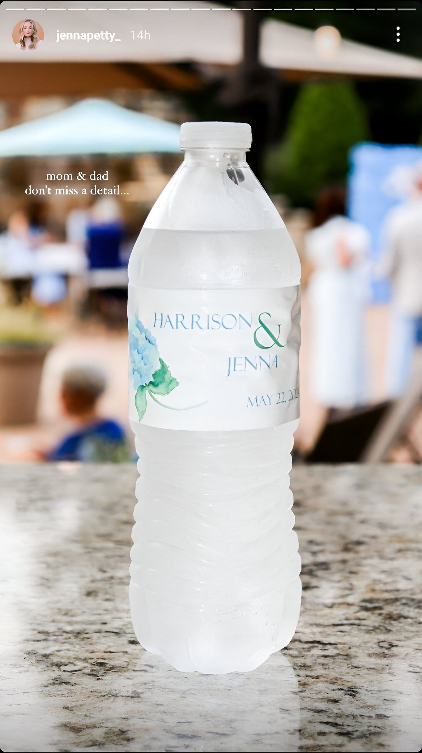 A water bottle with a print of the engaged couple&#039;s name (Jenna Petty&#039;s IG story)