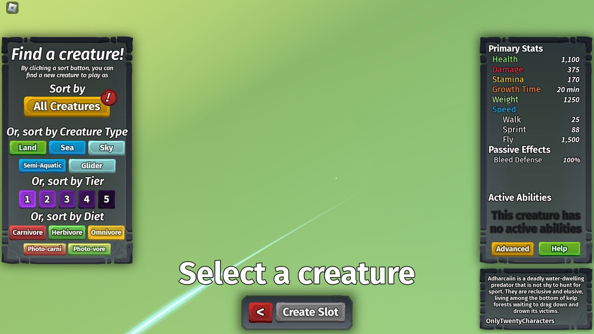 Creature types as seen in the character creator (Image via Roblox)