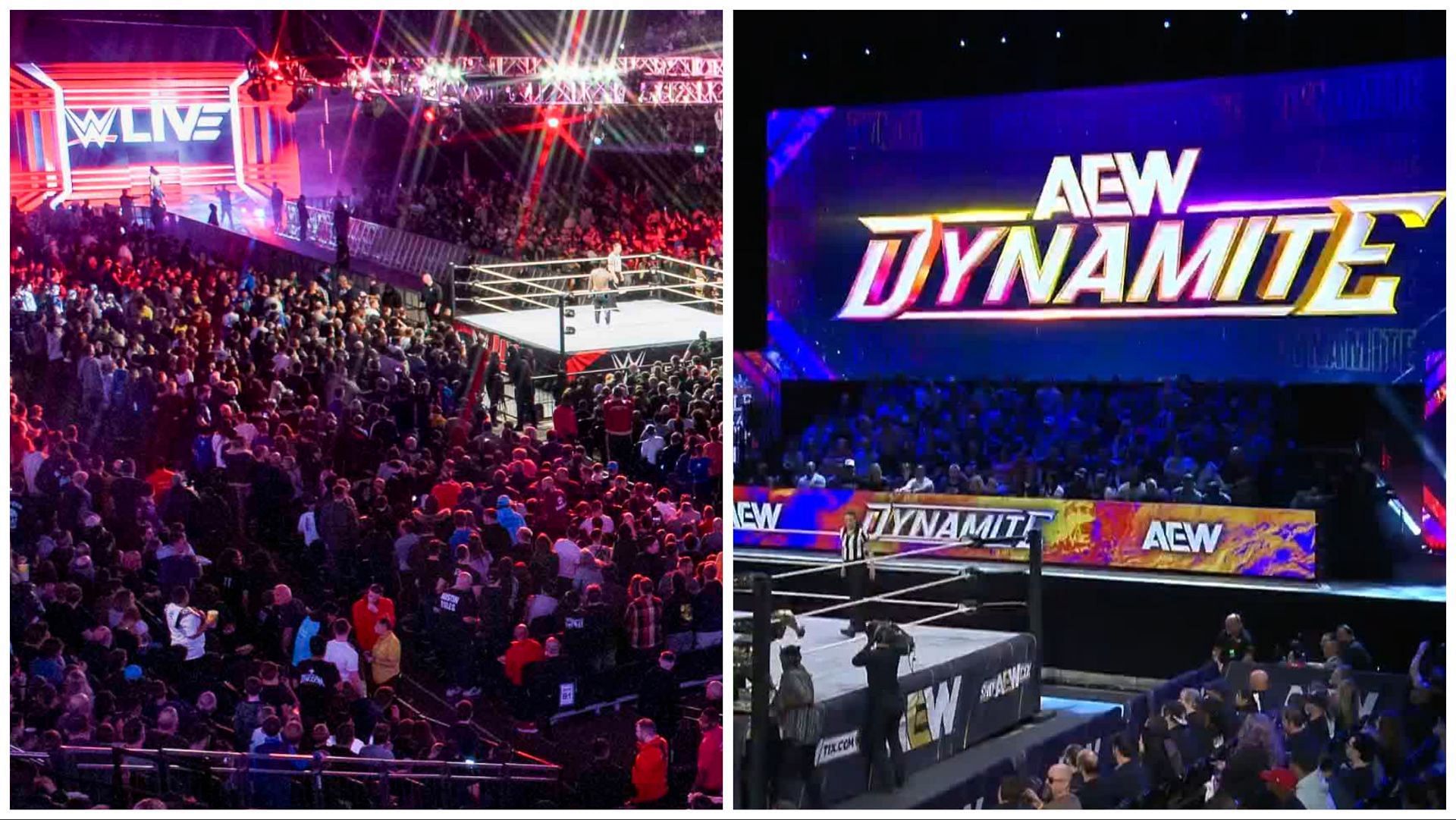 WWE Universe watches live event matches, AEW fans at a live Dynamite taping