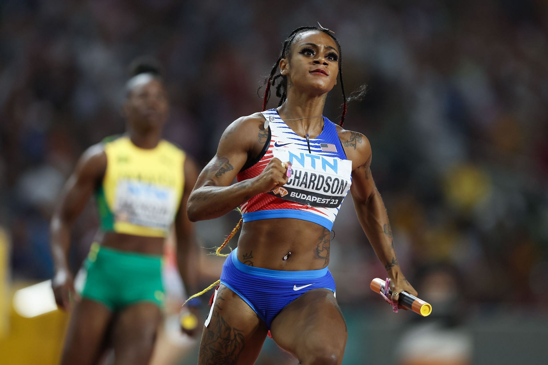 Sha&#039;Carri Richardson of Team United States wins the Women&#039;s 4x100m Relay Final during the World Athletics Championships 2023 at the National Athletics Centre Budapest, Hungary.