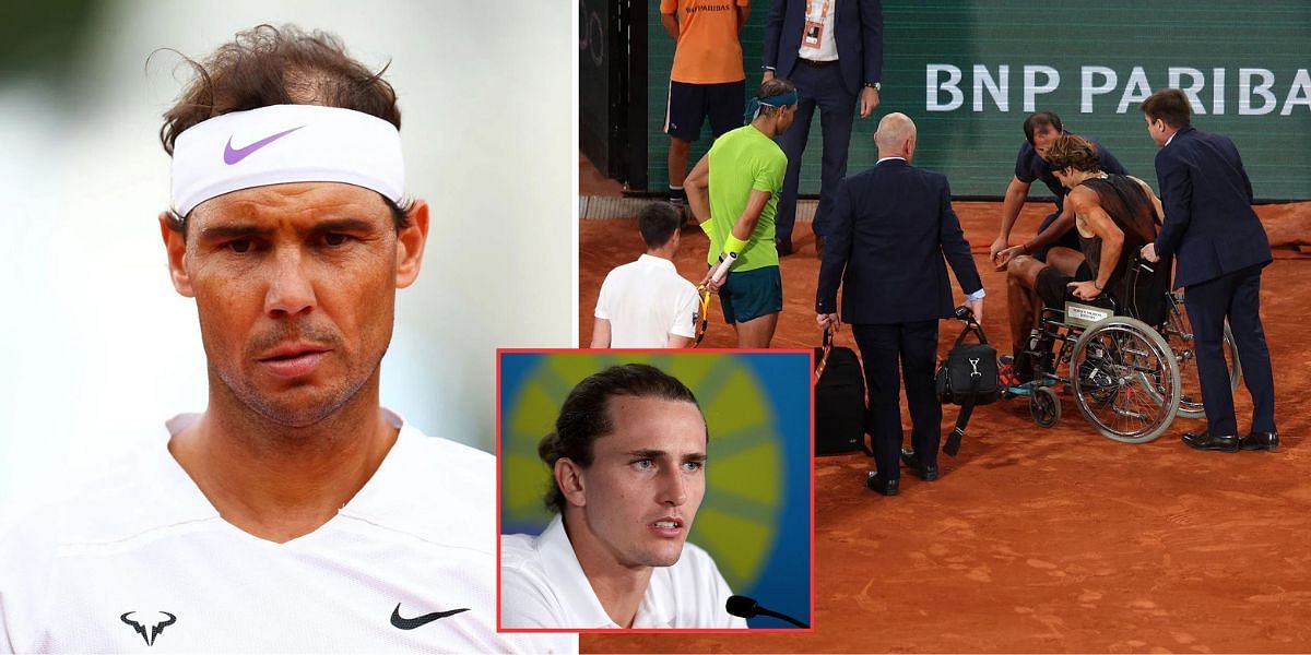 Alexander Zverev left the Roland Garros court on a wheelchair in 2022 as Rafael Nadal watched on.