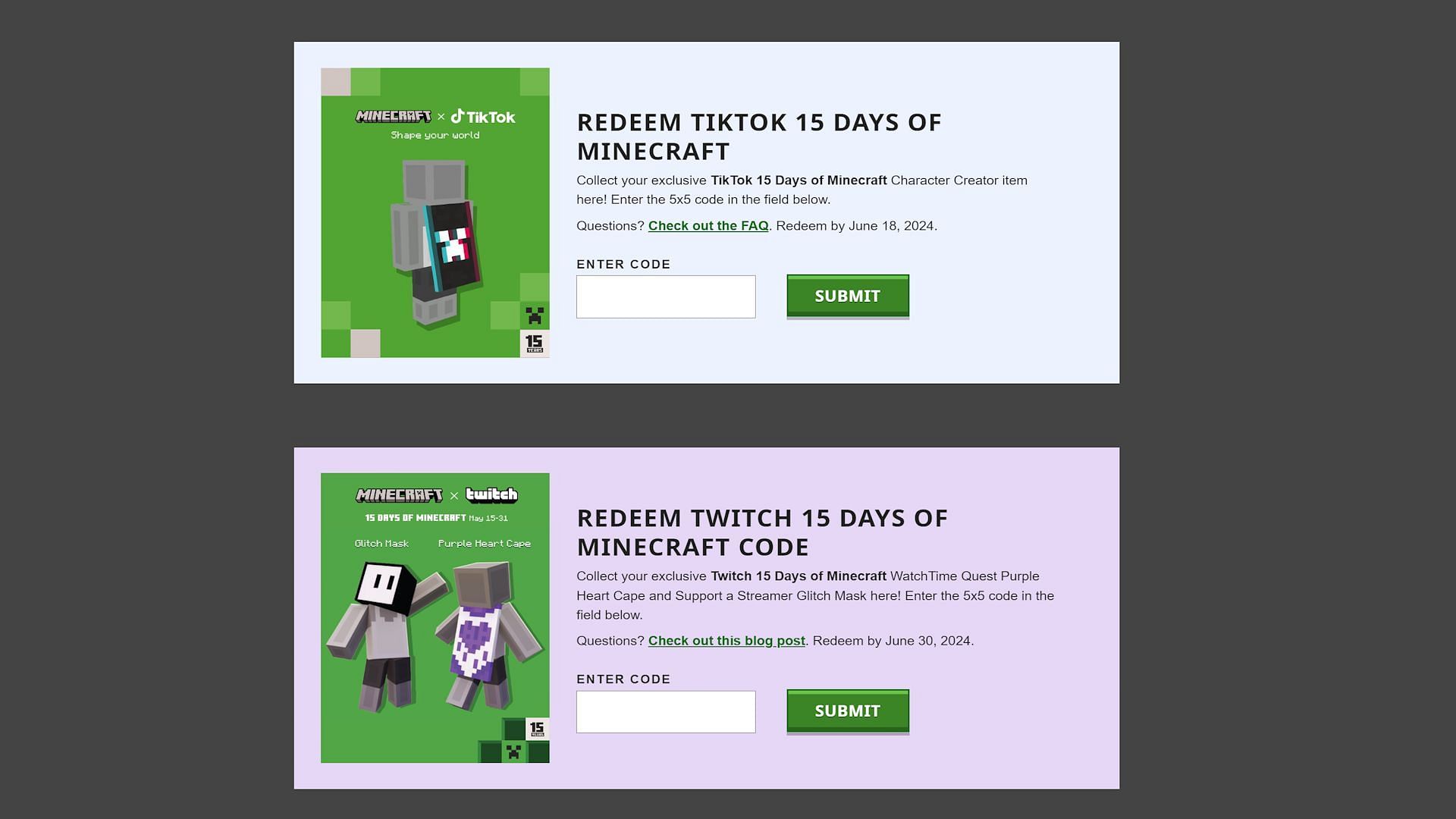 The redeem page on the official website for the 15th anniversary capes (Image via Mojang)