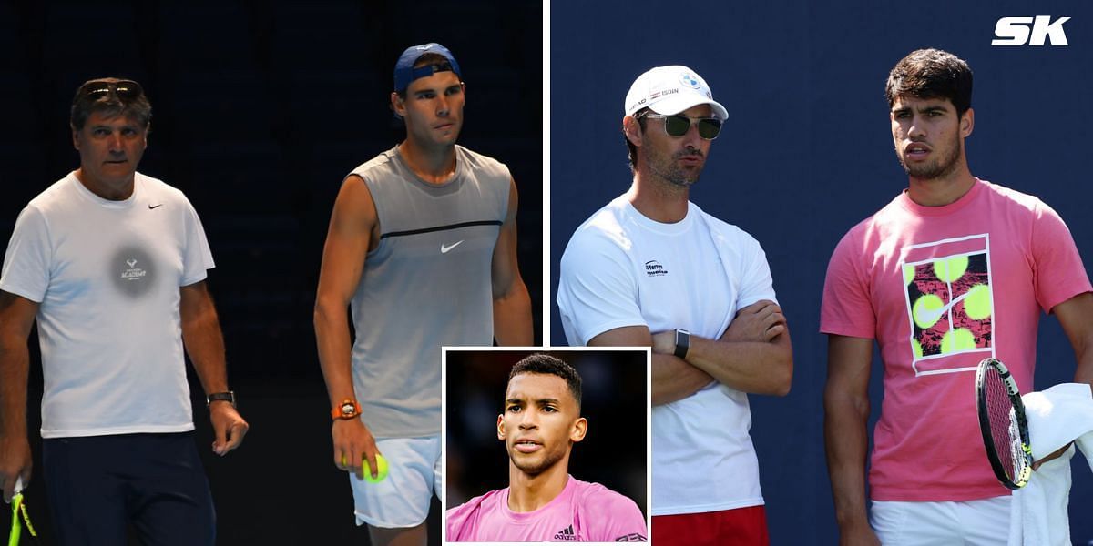 (Left to Right) Toni Nadal, Rafael Nadal , Juan Carlos Ferrero, Carlos Alcaraz, (Inset) Felix Auger-Aliassime 