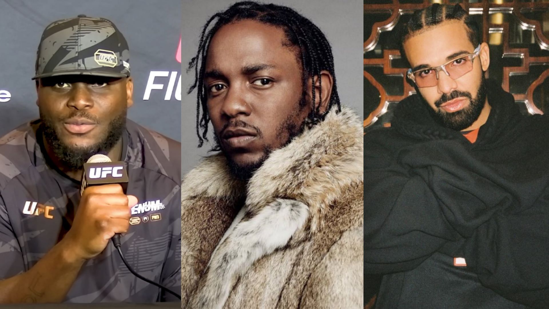 Fans react after Derrick Lewis (left) weighs in on Kendrick Lamar (center) and Drake (right) beef [Images courtesy of UFC on YouTube, @champagnepapi on Instagram &amp; Getty Images]