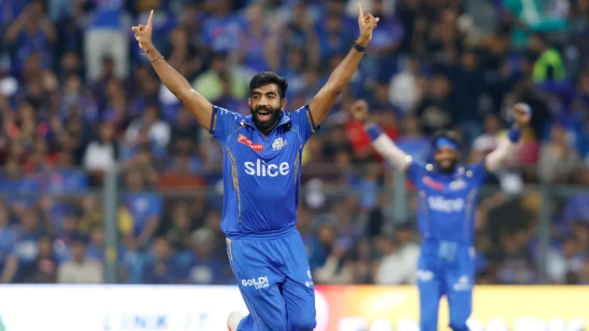 Jasprit Bumrah celebrates picking a wicket against RCB. (Credit - IPL/BCCI)