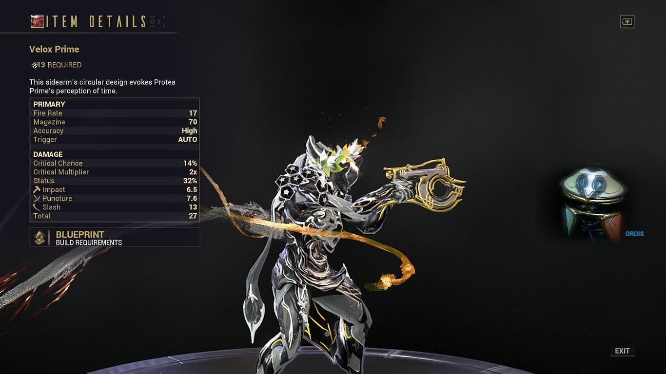 Velox Prime stats in Warframe (Image via Digital Extremes)