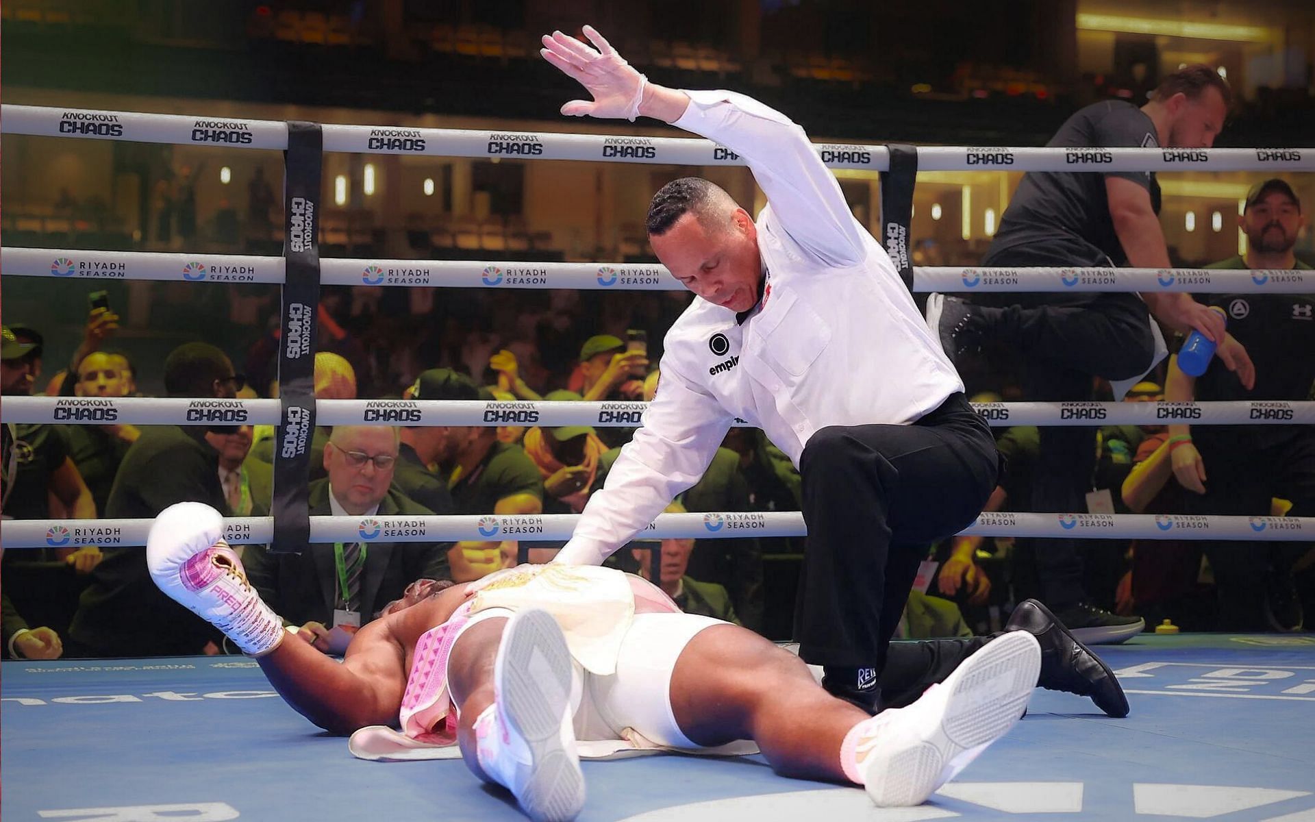 When Anthony Joshua knocked out Francis Ngannou at Knockout Chaos on March 8, 2024. [Image courtesy: Getty Images]