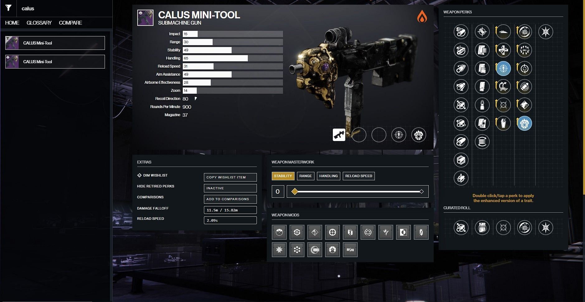 Calus Mini Tool god roll (Image via D2Gunsmith) 