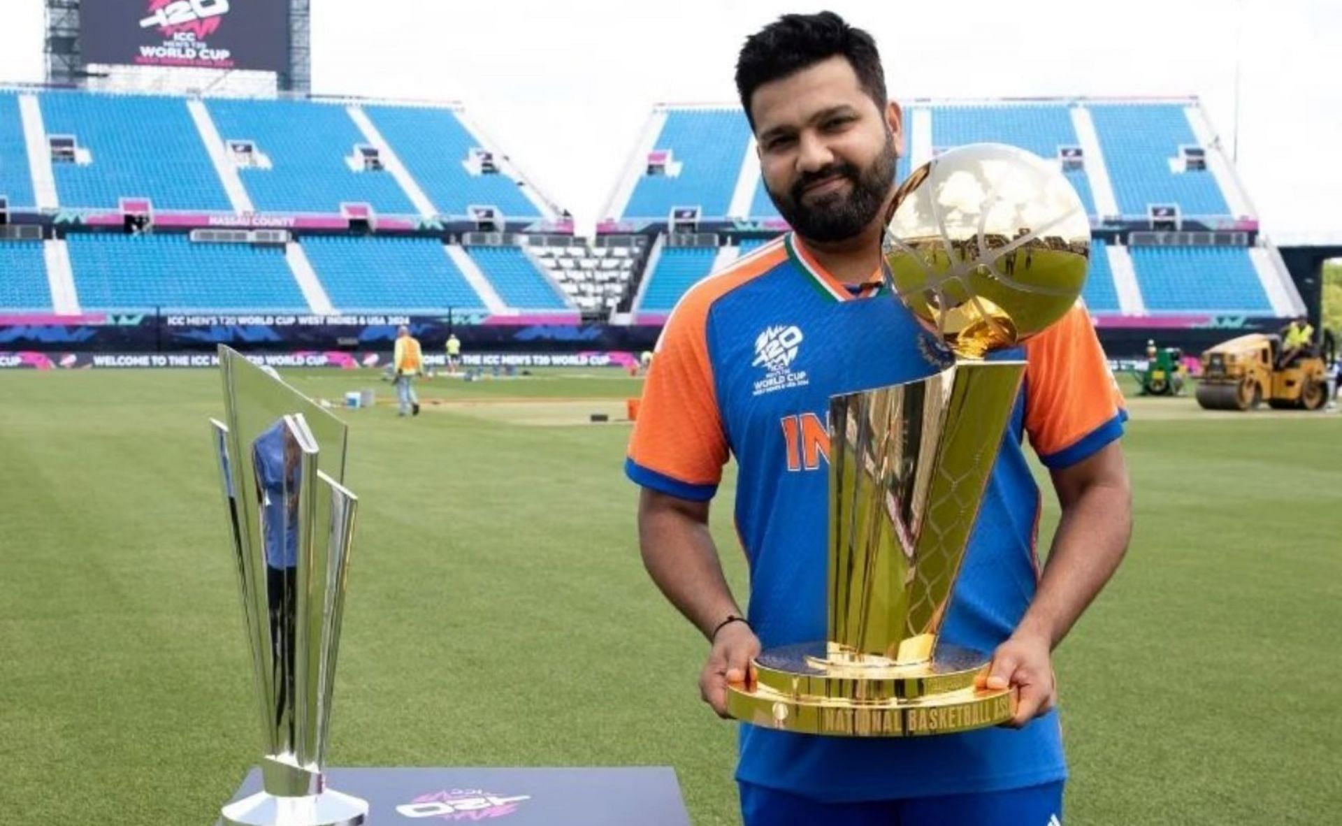 Rohit Sharma with NBA Trophy in New York. (Image Credits: NBA/X)