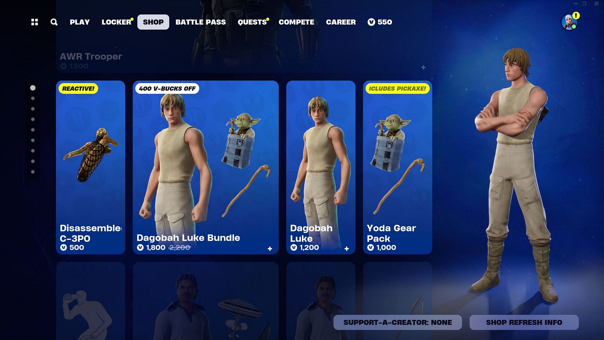 Dagobah Luke skin and Yoda could be listed until the end of Chapter 5 Season 2 (Image via Epic Games)