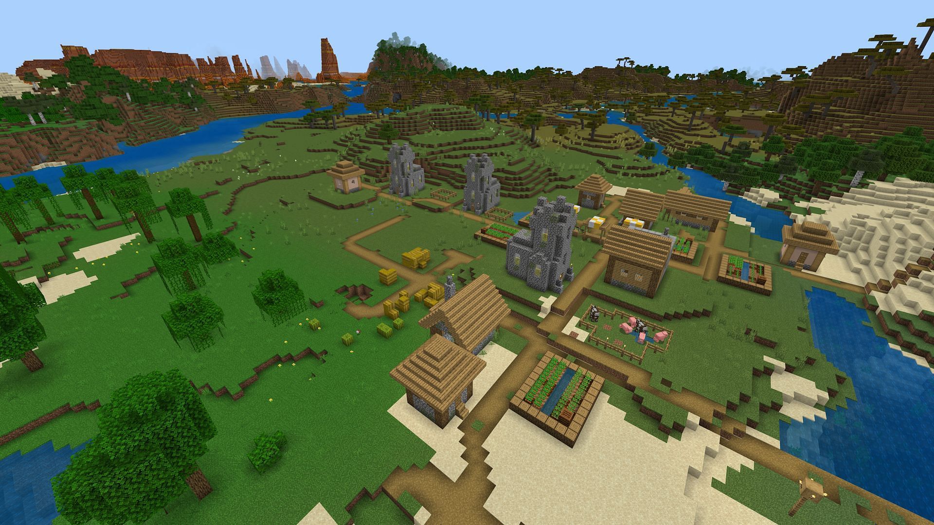 The large village found at spawn on this Minecraft Bedrock survival seed (Image via Mojang)