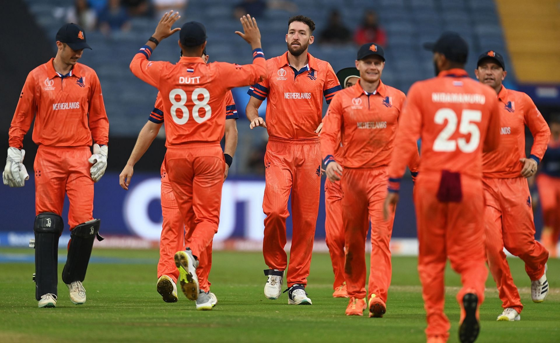 Paul van Meekeren celebrates taking a wicket during the 2023 World Cup.