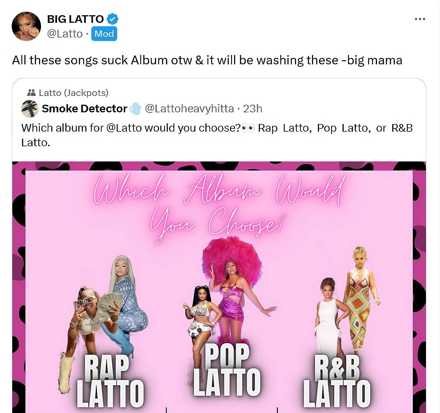 Latto replies to a tweet about her albums (Image via X/@Latto)
