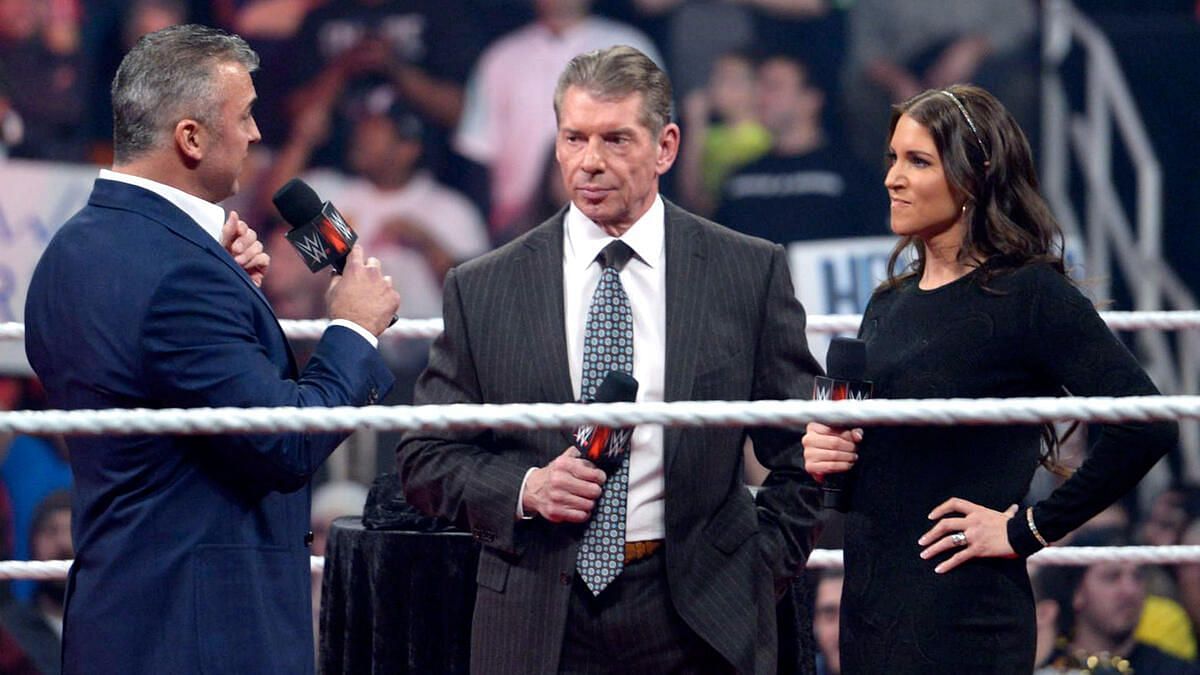 Left to right: Shane McMahon, Vince McMahon, Stephanie McMahon