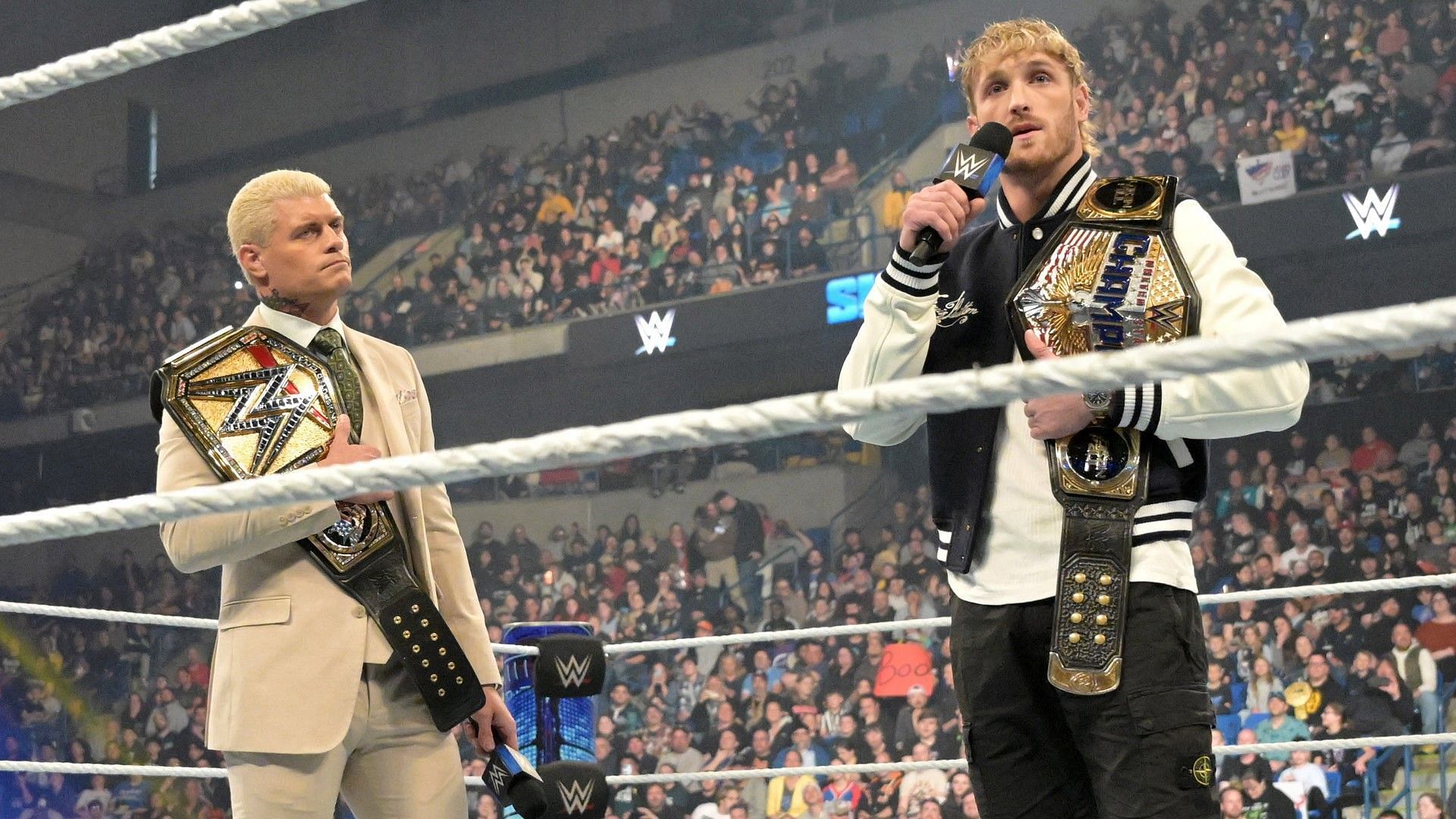 WWE Champion Cody Rhodes and United States Champion Logan Paul on WWE SmackDown
