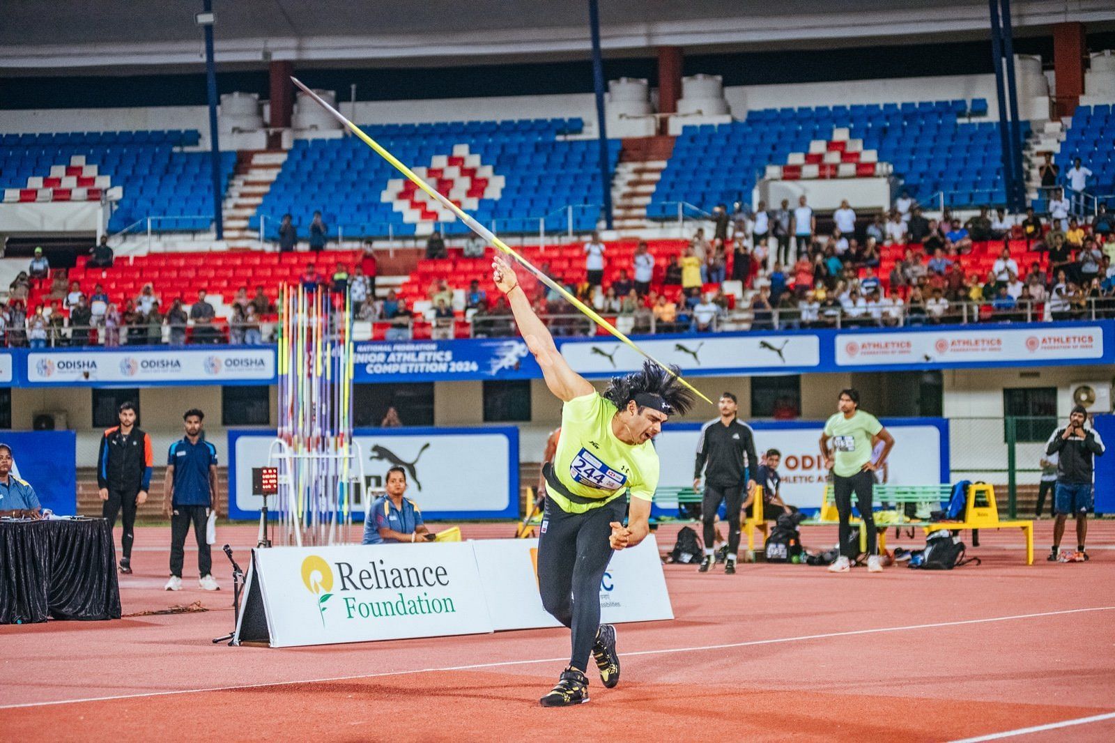 Neeraj Chopra in action at Federation Cup Athletics 2024 (Image Credits: X/Odisha Sports)