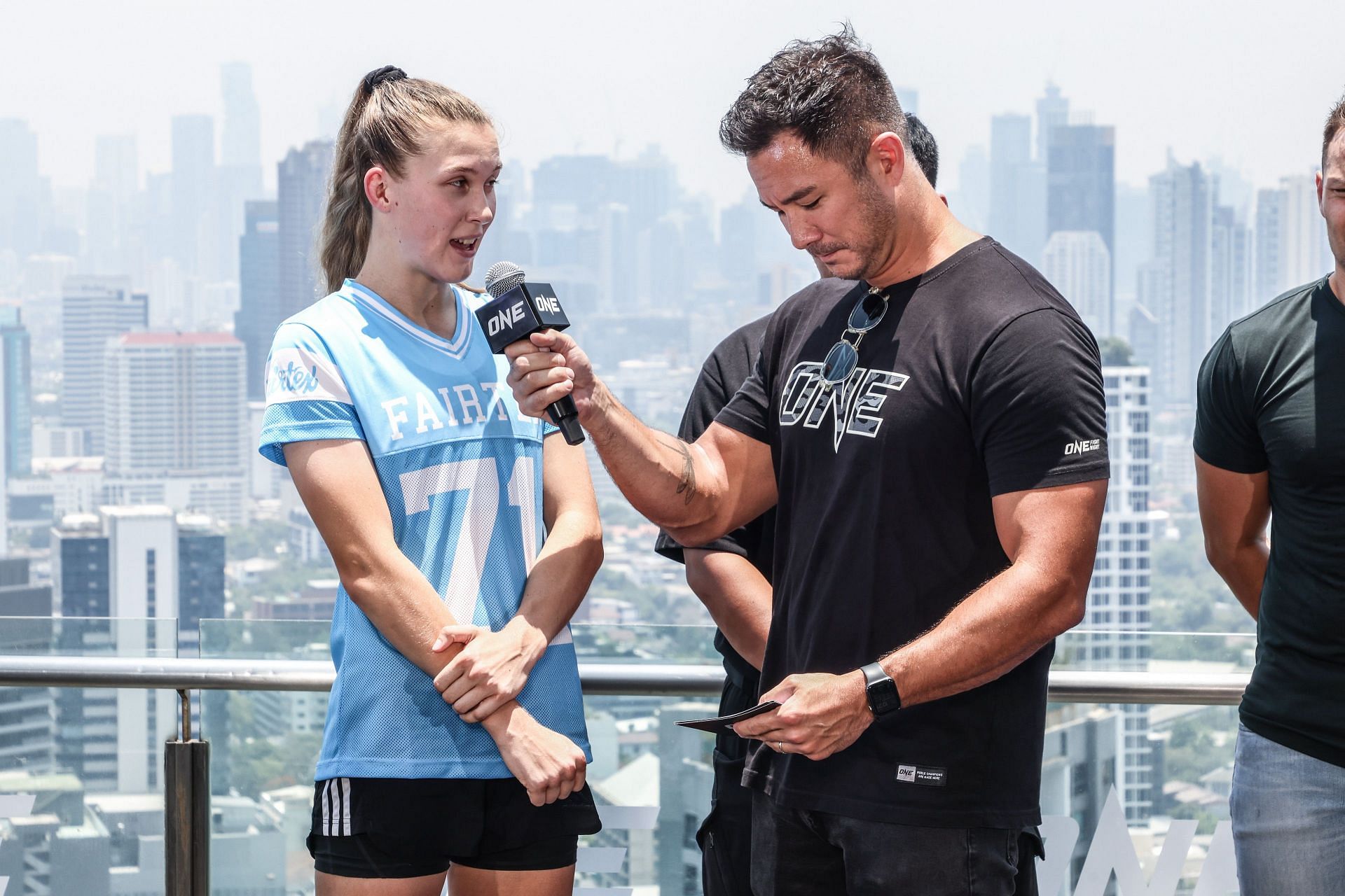 Smilla Sundell speaks to Dom Lau at the ONE Fight Night 22 ceremonial weigh-ins.