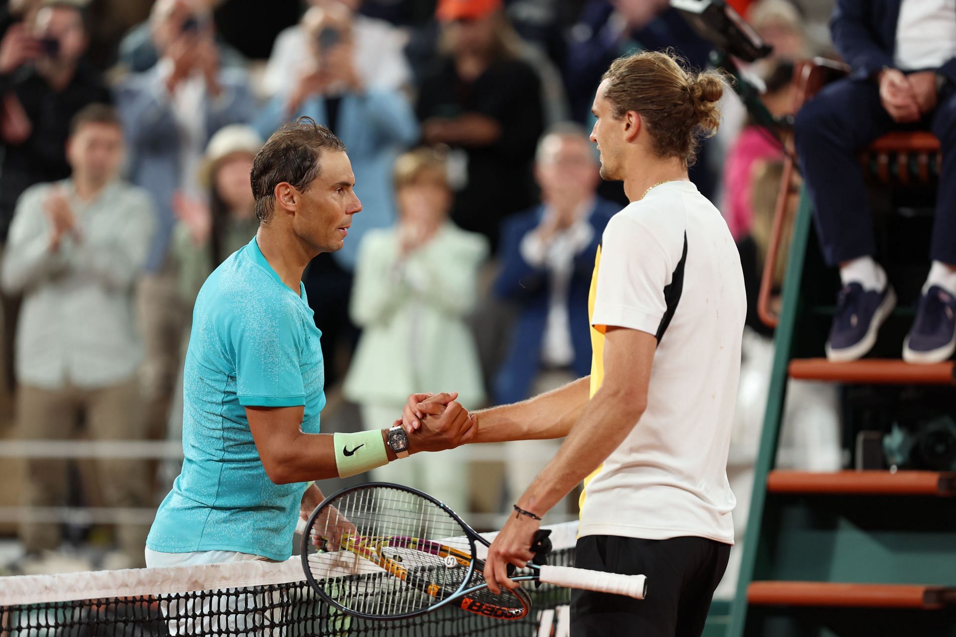 Rafael Nadal (L) and Alexander Zverev (R) after the pair&#039;s first-round match at the 2024 French Open